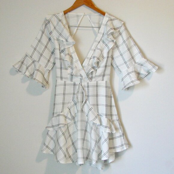 Saints + Secrets Mini Dress White Black Check Ruffle Trim Keyhole Back Small NWT - Picture 5 of 16